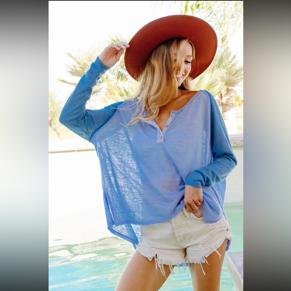 BiBi Light Blue Long Sleeve Henley Shirt